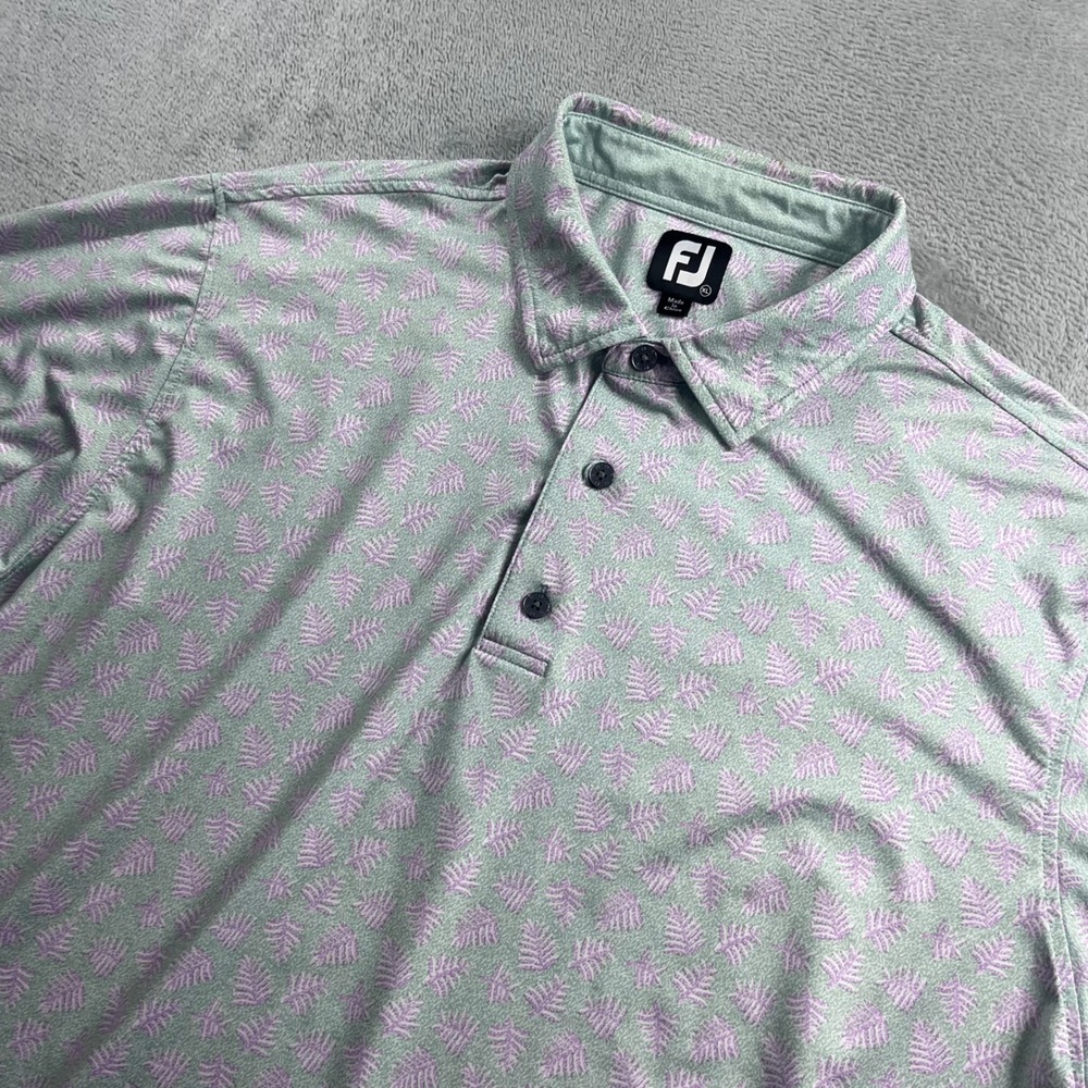 FootJoy Mens XL ProDry Golf Polo Shirt Green Lavender Leaf‎ Print Short Sleeve